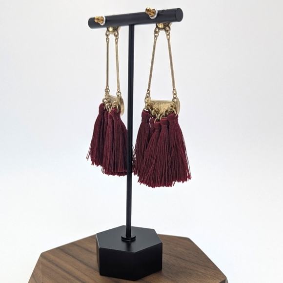 Vintage Burgundy Tassel Statement Earrings Boho Chic Jewelry - Picture 8 of 8